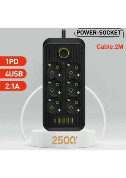 6 Soket 4 USB 1 Pd Şarj Termal Akım Korumalı Priz 2 Metre Kablo Çoklu Priz 6 Lı Priz