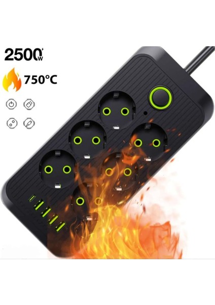 6 Soket 4 USB 1 Pd Şarj Termal Akım Korumalı Priz 2 Metre Kablo Çoklu Priz 6 Lı Priz