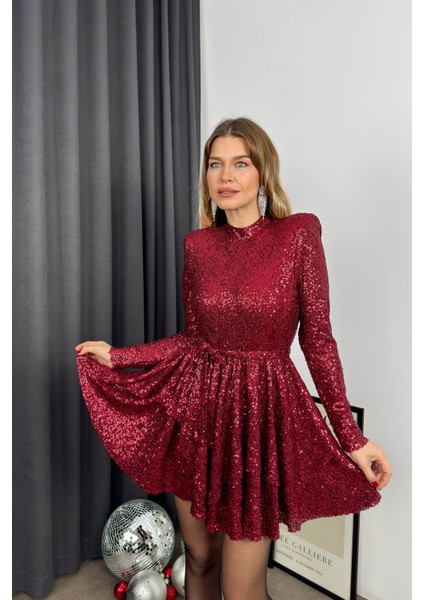 Bordo Payetli Kat Kat Model Kemerli Astarlı Elbise