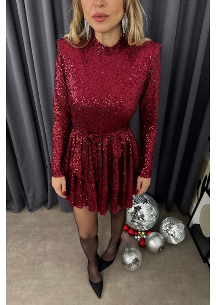 Bordo Payetli Kat Kat Model Kemerli Astarlı Elbise modelleri