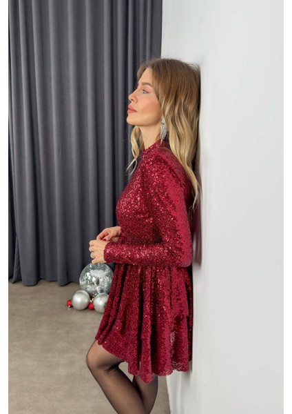 Bordo Payetli Kat Kat Model Kemerli Astarlı Elbise fırsatları