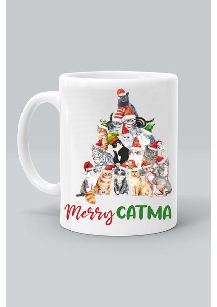 Merry Catma Kedi Noel Yılbaşı Yeni Yıl Tasarım Baskılı Beyaz Klasik Kupa Bardak