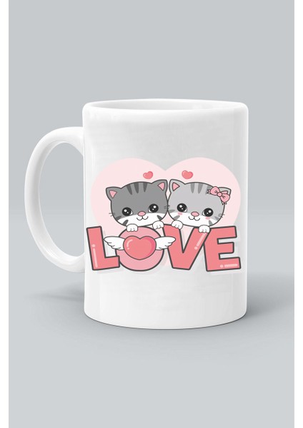 Love Cat Aşk Kedi Tasarım Baskılı Beyaz Klasik Kupa Bardak