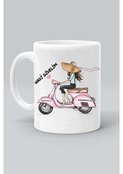 Pembe Motor Hadi Gidelim Tasarım Baskılı Beyaz Klasik Kupa Bardak