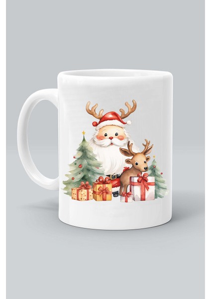Yeni Yıl Noel Baba Geyik Yılbaşı Tasarım Baskılı Beyaz Klasik Kupa Bardak