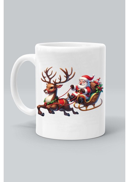 Geyik Noel Baba Yılbaşı Yeni Yıl Tasarım Baskılı Beyaz Klasik Kupa Bardak