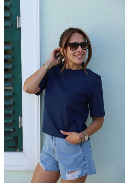 Lacivert Vatkalı Basic Tshirt