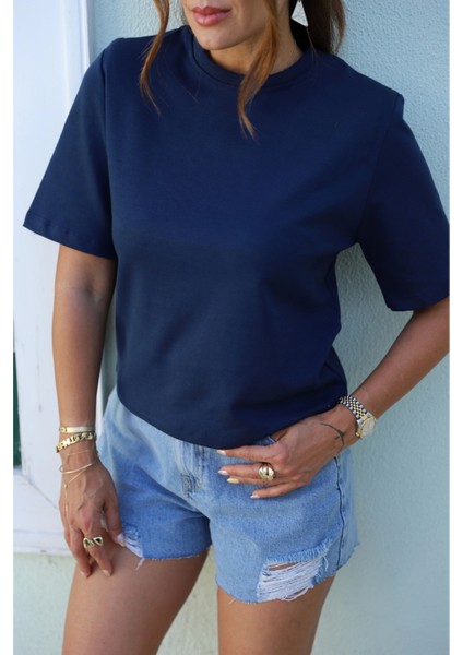Lacivert Vatkalı Basic Tshirt