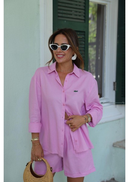 Pembe Keten Işlemeli Gömlek
