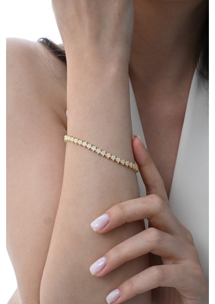 Gümüş Altın Yaldızlı Zirkon Taşlı Modern Görünümlü Kayan Yıldızlar Bileklik SGTL12851GOLD fiyatları