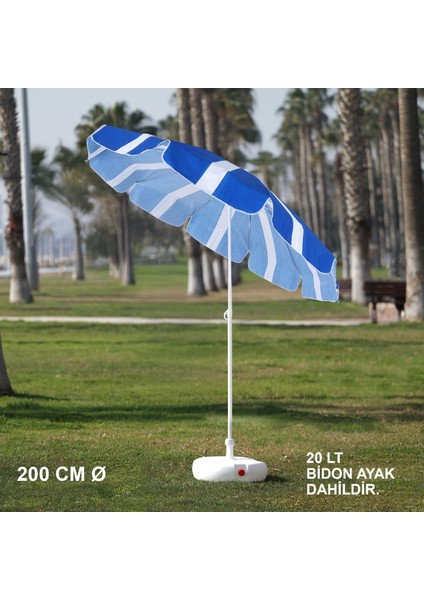 Mavi-Beyaz Plaj Şemsiyesi 200 cm Ø (Bidon Ayak Dahil)