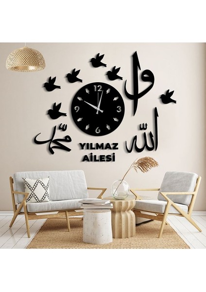 Aile Konsepti Kişiye Özel Saatli Dini Tablo Seti 80X60CM - Salon Oturma Odası Mutfak Için