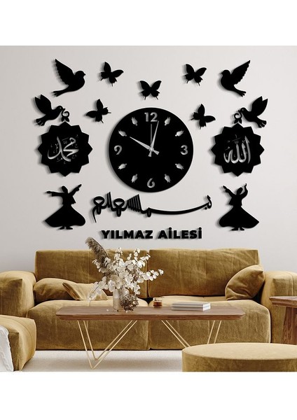 Ahşap Aile Konsepti Kişiye Özel Saatli Dini Duvar Dekorasyonu 100 x 70 cm- Salon Oturma Yatak Odası