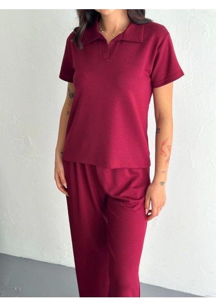 Osy Modal Yumuşak Dokulu Kumaş Kısa Kollu Yakalı T-Shirt Pantalon Ikili Takım- Bordo
