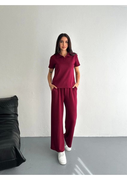 Osy Modal Yumuşak Dokulu Kumaş Kısa Kollu Yakalı T-Shirt Pantalon Ikili Takım- Bordo