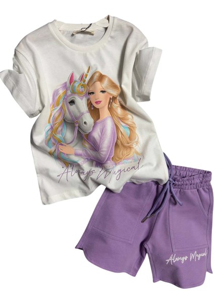 Kız Çocuk Üzeri Digital Bebek ve At Baskılı Yazı Detaylı T-Shirt Lila Şortlu Takım modelleri