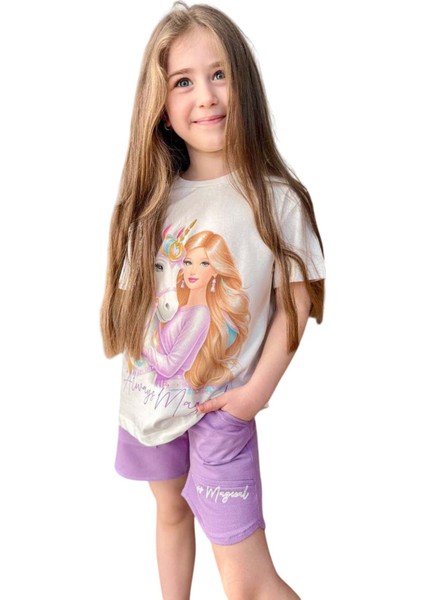 Kız Çocuk Üzeri Digital Bebek ve At Baskılı Yazı Detaylı T-Shirt Lila Şortlu Takım fırsatları