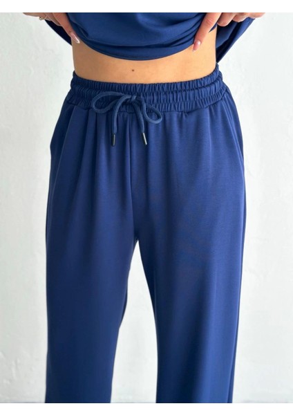 Osy Modal Yumuşak Dokulu Kumaş Kısa Kollu Yakalı T-Shirt Pantalon Ikili Takım- Lacivert