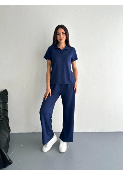 Osy Modal Yumuşak Dokulu Kumaş Kısa Kollu Yakalı T-Shirt Pantalon Ikili Takım- Lacivert