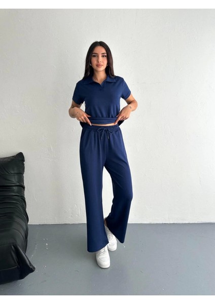 Osy Modal Yumuşak Dokulu Kumaş Kısa Kollu Yakalı T-Shirt Pantalon Ikili Takım- Lacivert