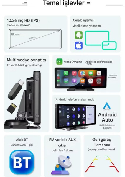 4K Carplay 128GB Araç Içi Güvenlik Kamerası 10.2'' Ekran Ön & Arka Kayıt Android & iPhone Uyumlu