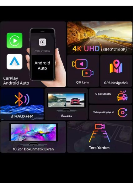 4K Carplay 128GB Araç Içi Güvenlik Kamerası 10.2'' Ekran Ön & Arka Kayıt Android & iPhone Uyumlu
