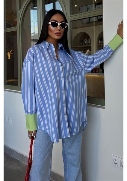 Kolu Manşet Detay Çizgili Oversize Gömlek 3405