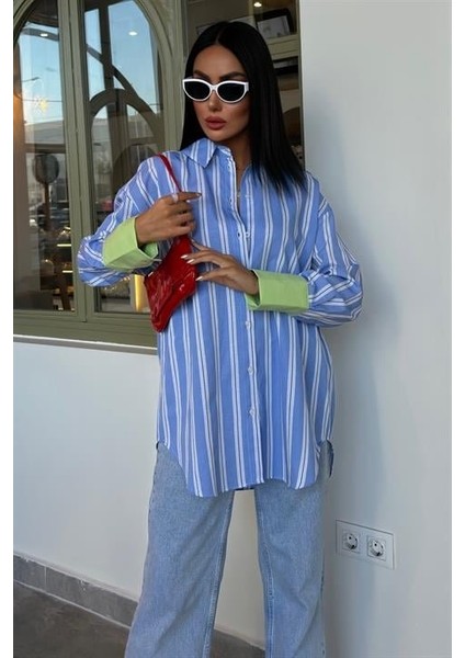 Kolu Manşet Detay Çizgili Oversize Gömlek 3405