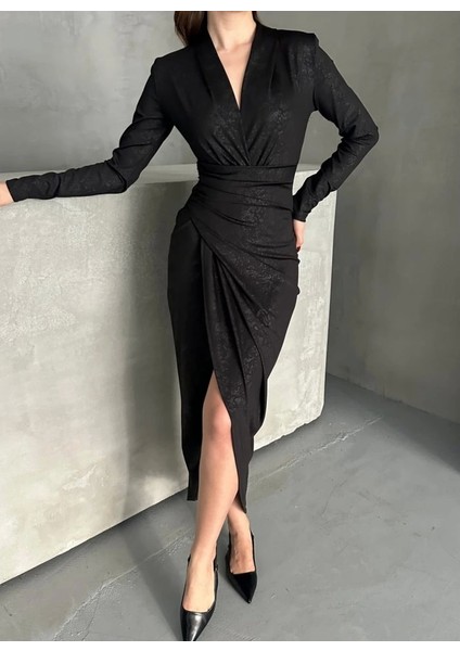 Drape Detaylı Midi Elbise