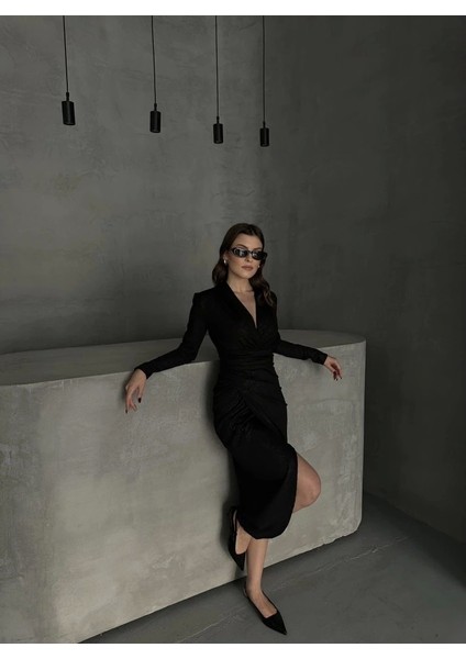 Drape Detaylı Midi Elbise