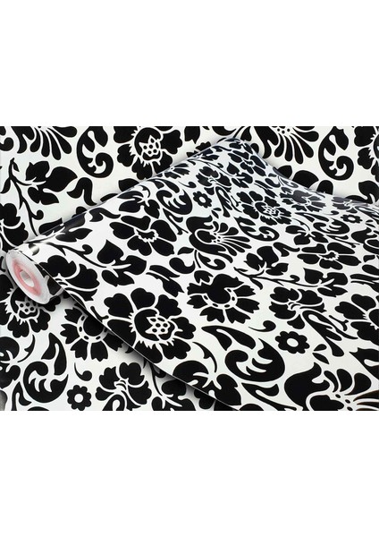 276-0497 Siyah Beyaz Çiçek Desen Kendinden Yapışkanlı Folyo ( 45 cm x 2 mt )
