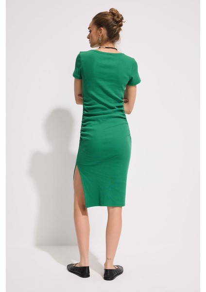 Büzgülü Kısa Kol Kaşkorse Midi Elbise