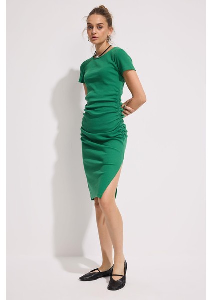 Büzgülü Kısa Kol Kaşkorse Midi Elbise fiyatları