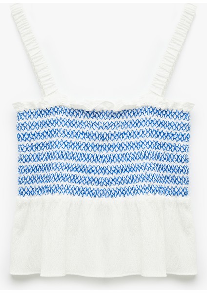 Gipeli Brodeli Fisto Detaylı Kare Yaka Askılı Crop Bluz