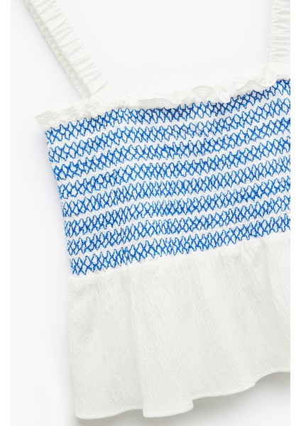 Gipeli Brodeli Fisto Detaylı Kare Yaka Askılı Crop Bluz