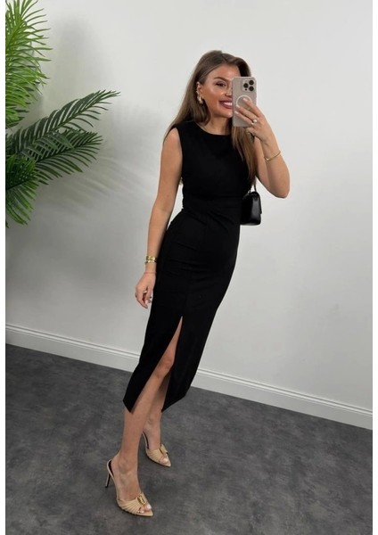 Kadın Askılı Kolsuz Belden Büzgülü Yırtmaçlı Midi Janjan Krep Elbise fiyatları