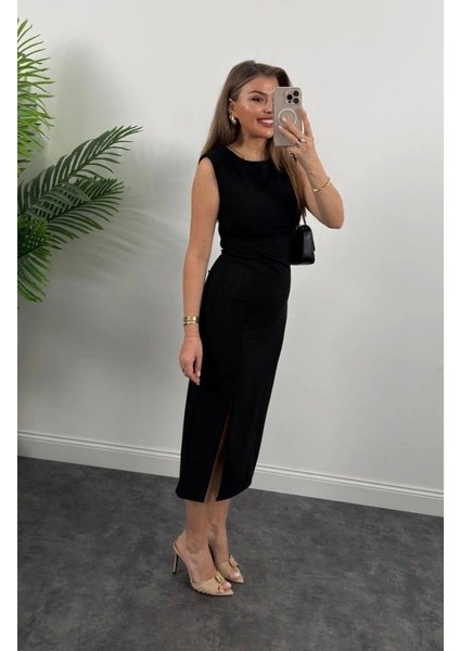 Kadın Askılı Kolsuz Belden Büzgülü Yırtmaçlı Midi Janjan Krep Elbise fırsatları