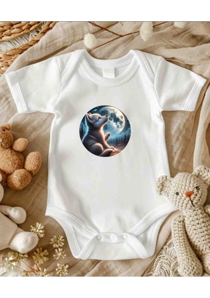 Yavru Kurt Resimli Baskı Özel Tasarım Bebek Zıbın