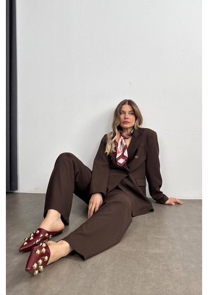 Kahverengi Yüksek Bel Pantolon Ceket Oversize Takım