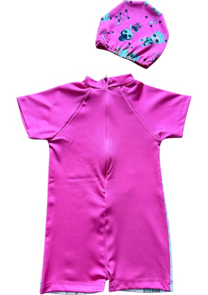 Kız Çocuk Pembe Bebek Figürlü Gizli Fermuar ve Boneli Tulum Mayo modelleri