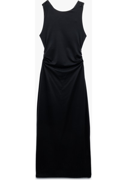 Slim Fit Kolsuz Bisiklet Yaka Drapeli Sırt Detaylı Midi Elbise