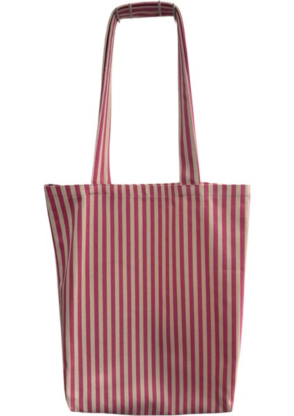 Pembe Beyaz Çizgili Kumaş Omuz Çantası – Geniş Hacimli, Hafif Ve Şık