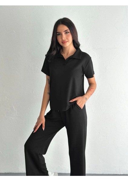 Osy Modal Yumuşak Dokulu Kumaş Kısa Kollu Yakalı T-Shirt Pantalon Ikili Takım- Siyah