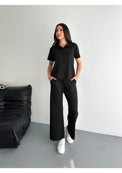 Osy Modal Yumuşak Dokulu Kumaş Kısa Kollu Yakalı T-Shirt Pantalon Ikili Takım- Siyah