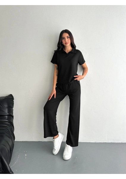 Osy Modal Yumuşak Dokulu Kumaş Kısa Kollu Yakalı T-Shirt Pantalon Ikili Takım- Siyah