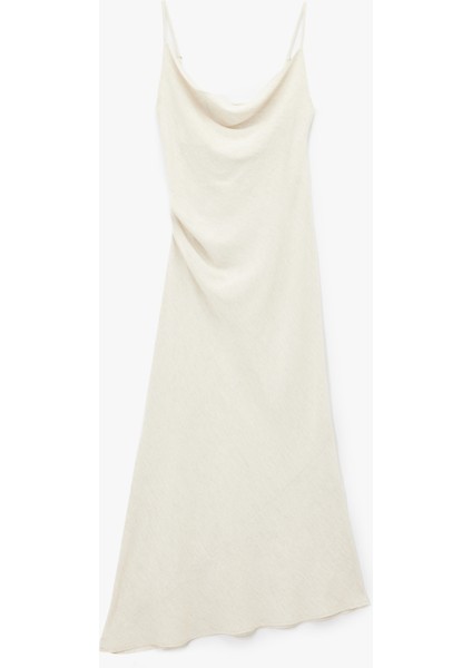 Keten Karışımlı Drape Detaylı Askılı Uzun Degaje Yaka Elbise