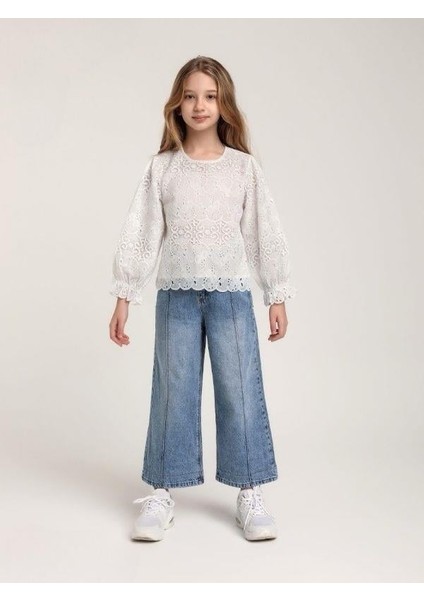 Kız Çocuk Yüksek Bel Yumuşak Dokulu Bel Ayar Lastikli Geniş Paça Kot Pantolon fiyatları