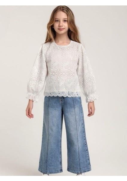 Kız Çocuk Yüksek Bel Yumuşak Dokulu Bel Ayar Lastikli Geniş Paça Kot Pantolon modelleri