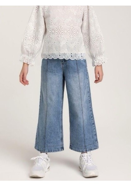 Kız Çocuk Yüksek Bel Yumuşak Dokulu Bel Ayar Lastikli Geniş Paça Kot Pantolon indirimleri