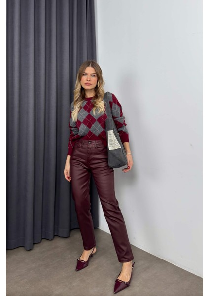 Bordo Mumlu Yüksek Bel Skinny Pantolon